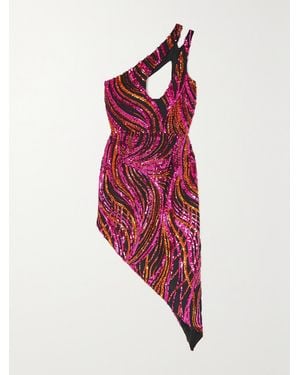 Halpern One-Shoulder Cutout Sequined Tulle Mini Dress - Red