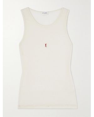 Saint Laurent Logo-Embroidered Ribbed Wool Tank - White