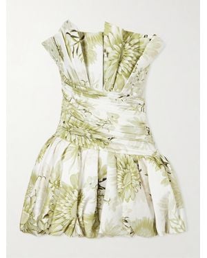 Aje. Strapless Ruched Floral-Print Cotton-Poplin Mini Dress - Metallic