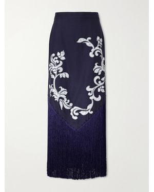 ALÉMAIS Dillon Crystal And Bead-Embellished Fringed Appliquéd Satin Midi Skirt - Blue