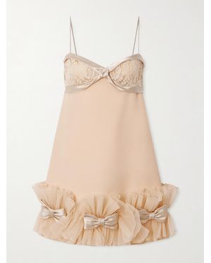 Valentino Garavani Bow-Detailed Lace, Satin And Crepon-Trimmed Wool And Silk-Blend Crepe Mini Dress - Natural