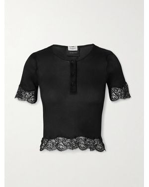Saint Laurent Scalloped Lace-Trimmed Ribbed Jersey Henley Top - Black