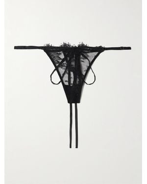 Kiki de Montparnasse Jolie Tie-Detailed Satin-Trimmed Lace Thong - Black