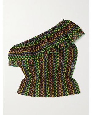 Loretta Caponi Livia One-Shoulder Ruffled Printed Cotton-Voile Top - Green