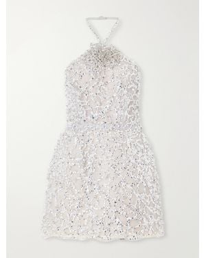 Oscar de la Renta Bustier Crystal-Embellished Mesh Halterneck Mini Dress - White