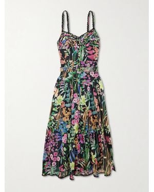 Charo Ruiz Cael Belted Pleated Paneled Lace-Trimmed Floral-Print Cotton-Blend Voile Midi Dress - White