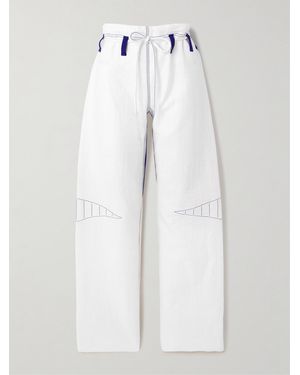 Tory Burch Embroidered Jersey-Trimmed Cotton-Blend Gauze Wide-Leg Trousers - White