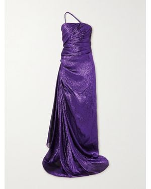 Oscar de la Renta One-Shoulder Draped Silk-Blend Lamé Gown - Purple