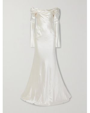 Danielle Frankel Noa Off-The-Shoulder Draped Wool And Silk-Blend Charmeuse Gown - White
