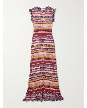 Ulla Johnson Ajak Ruffled Striped Ribbed-Knit Midi Dress - Red