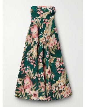 Zimmermann Lexi Strapless Floral-Print Linen Midi Dress - White