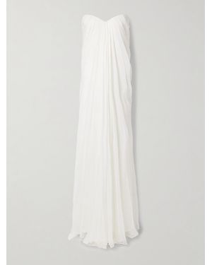 McQueen Strapless Draped Silk-Chiffon Bustier Gown - White