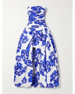 Aje. Behold Strapless Ruched Floral-Print Cotton-Poplin Gown - Blue