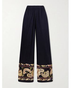 Bode Feather Runner Embroidered Cotton-Blend Flared Trousers - Blue