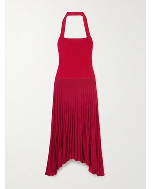 Maria McManus Ribbed Stretch-Knit And Plissé Halterneck Maxi Dress - Red