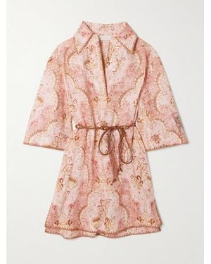 Zimmermann Daylight Minikleid Aus Bedrucktem Leinen Mit Bindegürtel - Pink