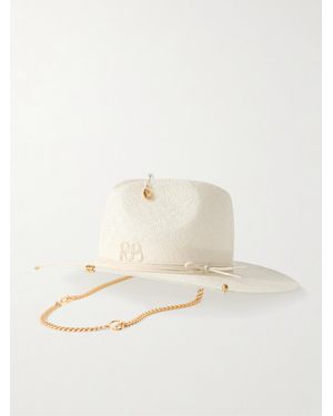 Ruslan Baginskiy Embroidered Embellished Cotton-Trimmed Straw Fedora - Natural