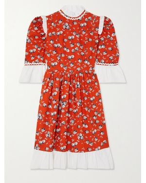 BATSHEVA Ruffled Printed Cotton-Poplin Mini Dress - Red