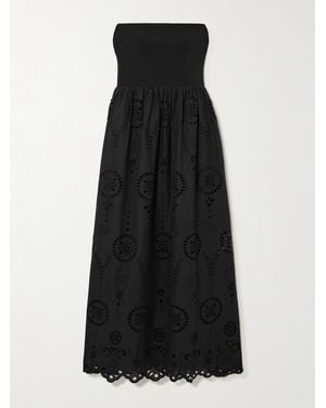 Matteau Strapless Broderie Anglaise Organic Cotton And Stretch-Knit Midi Dress - Black