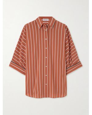 Brunello Cucinelli Bead-Embellished Striped Cotton-Blend Poplin Shirt - Orange