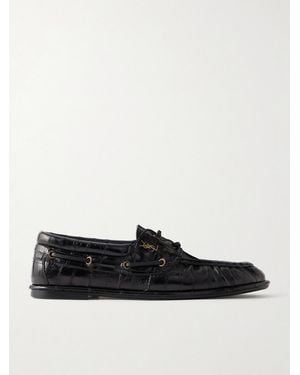Saint Laurent Le Loafer Bateau Cassandre-Embellished Textured-Leather Loafers - Black