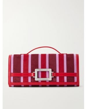 Roger Vivier Belle Vivier Buckled Leather-Trimmed Striped Suede Clutch - Red