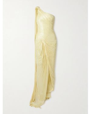 Marmar Halim One-Shoulder Draped Plissé-Silk Gown - Yellow