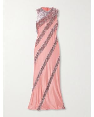 Rabanne Fringed Chainmail-Embellished Satin-Jersey Maxi Dress - Pink