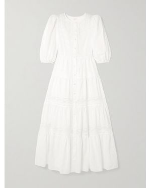 Loretta Caponi Poppi Lace-Trimmed Tiered Broderie Anglaise Cotton Maxi Dress - White