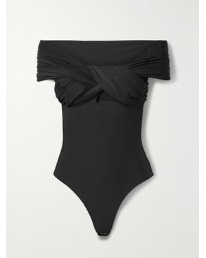 Goldsign The Odette Off-The-Shoulder Twist-Front Ruched Stretch-Jersey Thong Bodysuit - Black
