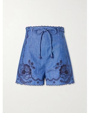 Zimmermann Aster Scalloped Embroidered Denim Shorts - Blue