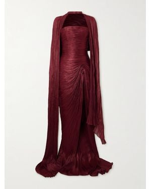 Marmar Halim Robe Du Soir Bustier Et Étole En Satin De Soie Plissé - Rouge