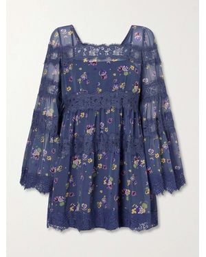 Anna Sui Pleated Floral-Print Lace-Trimmed Chiffon Mini Dress - Blue