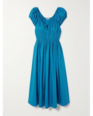 Doen Quinn Tie-Detailed Shirred Cotton-Poplin Midi Dress - Blue