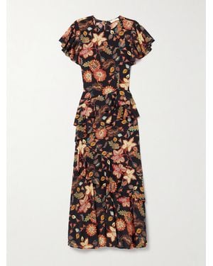 Ulla Johnson Amaia Tiered Ruffled Floral-Print Silk Midi Dress - White