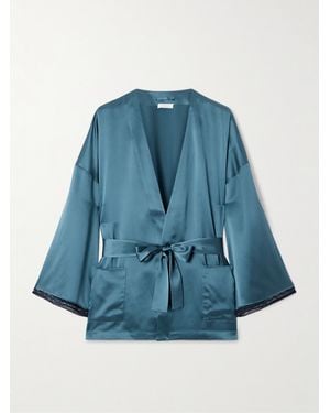 Eres Ondine Belted Lace-Trimmed Silk-Satin Robe - Blue