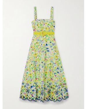 Saloni Aubrey B Midikleid Aus Baumwolle Mit Lochstickerei, Blumenprint Und Gürtel - Weiß