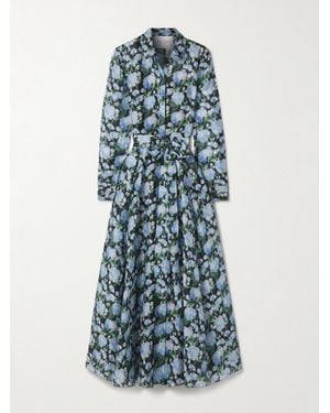 Carolina Herrera Belted Floral-Print Silk-Organza Midi Shirt Dress - Blue