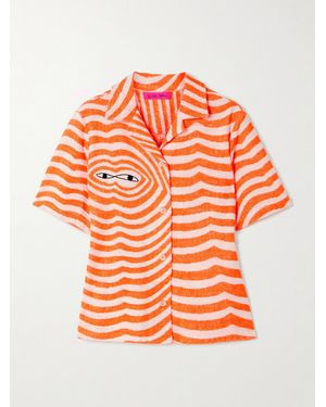 The Elder Statesman Embroidered Striped Cotton-Terry Shirt - Orange