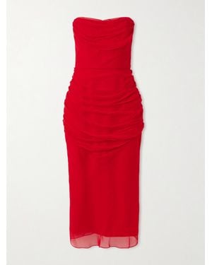 Carolina Herrera Trägerloses Midikleid Aus Seidenchiffon Mit Raffungen - Rot