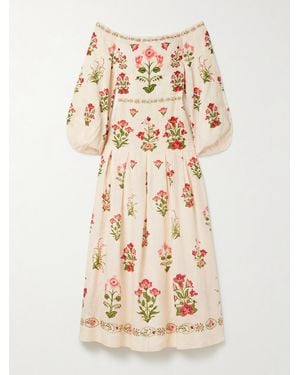 Agua Bendita Senlis Off-The-Shoulder Pleated Floral-Print Linen Maxi Dress - Natural