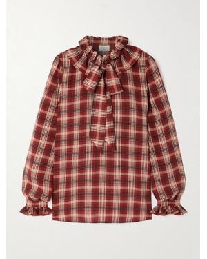 Saint Laurent Blouse En Soie À Carreaux, Volants Et Col Noué - Rouge