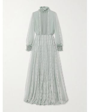 Valentino Garavani Ruffled Lace-Trimmed Pleated Silk-Chiffon Gown - Blue