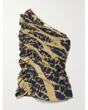 Ulla Johnson Senta One-Shoulder Ruched Tie-Dyed Cotton-Voile Top - Natural