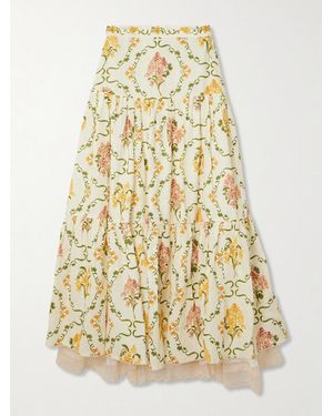 Agua Bendita Anis Cordillera Tiered Lace-Trimmed Floral-Print Linen Maxi Skirt - Natural