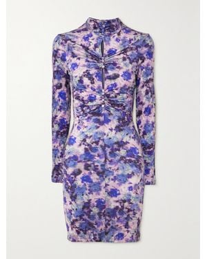 Isabel Marant Cutout Ruched Floral Print Stretch-Velvet Mini Dress - Purple