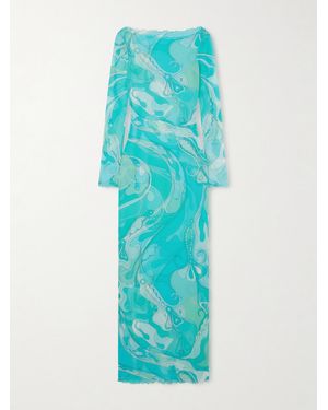 PUCCI Ruffled Printed Tulle Maxi Dress - Blue