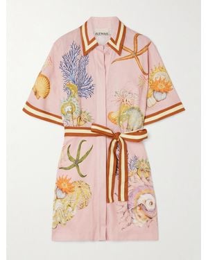 ALÉMAIS Sam Pauletto Nereids Belted Printed Linen-Gauze Mini Shirt Dress - Pink