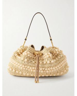 Jimmy Choo Cinch Beaded Leather-Trimmed Woven Raffia Shoulder Bag - Natural