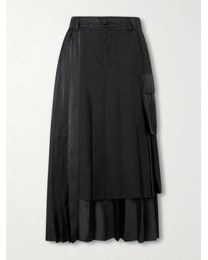 Sacai Pleated Twill And Shell Midi Skirt - Black